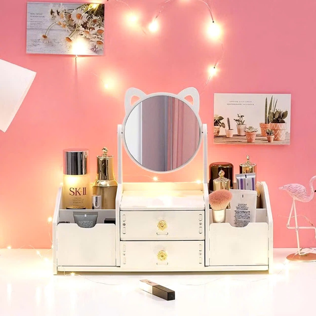 KỆ ĐỂ ĐỒ TRANG ĐIỂM 3 , Kệ đựng mỹ phẩm 2 tầng, hộp đựng đồ trang điểm, makeup bằng nhựa cao cấp , có gương tiện sử dụng