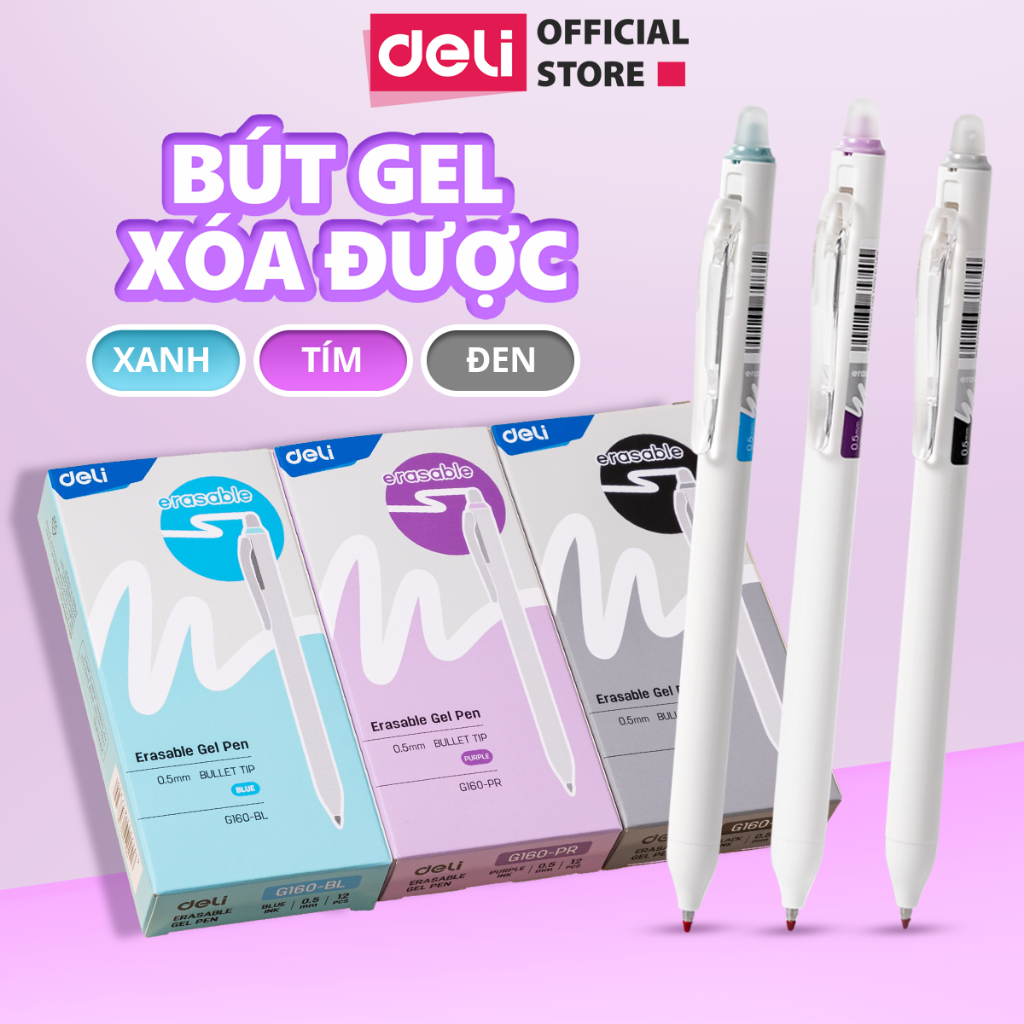 [Tặng 5 Bút Gel] Bút Gel Xóa Được Deli Mực Xanh Đen Tím Bút Bi Mực Nước Bút Gel Bấm Ngòi 0.5mm, Viết Trơn Mượt Có Gôm