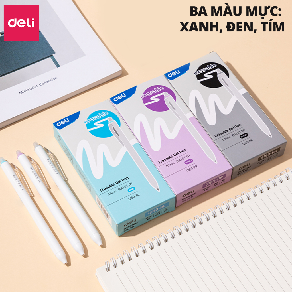 [Tặng 5 Bút Gel] Bút Gel Xóa Được Deli Mực Xanh Đen Tím Bút Bi Mực Nước Bút Gel Bấm Ngòi 0.5mm, Viết Trơn Mượt Có Gôm