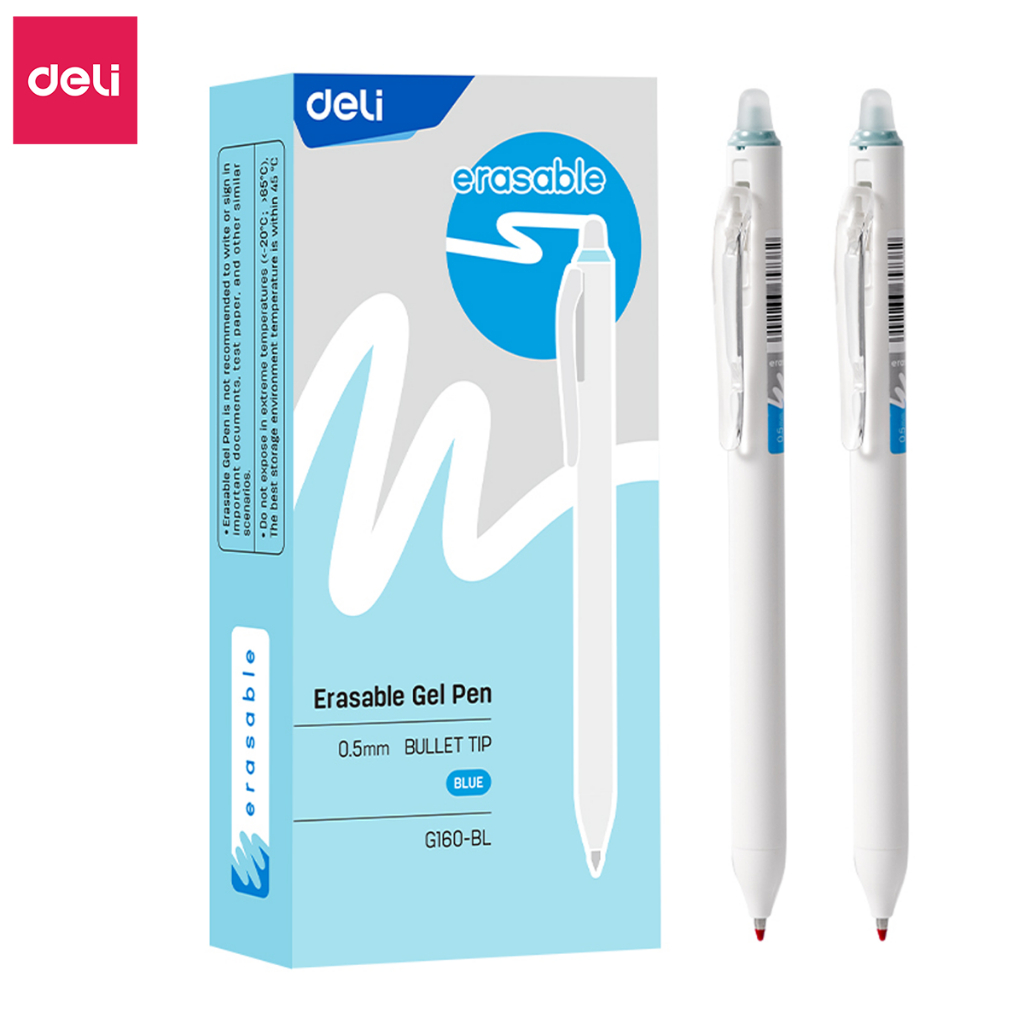 [Tặng 5 Bút Gel] Bút Gel Xóa Được Deli Mực Xanh Đen Tím Bút Bi Mực Nước Bút Gel Bấm Ngòi 0.5mm, Viết Trơn Mượt Có Gôm