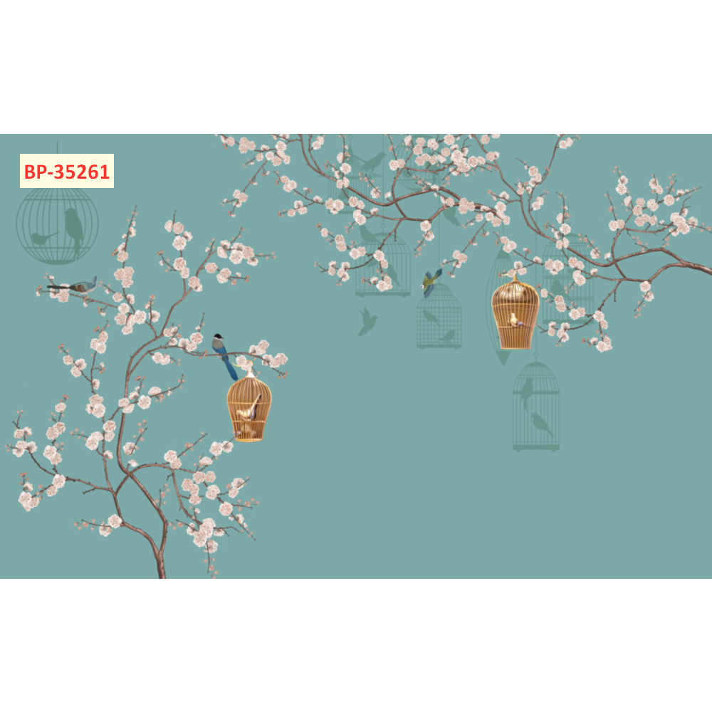 Tranh lụa 3D cao cấp mẫu Indochine tone xanh nhẹ nhàng thanh lịch dán quán spa, phòng khách, ngủ