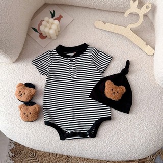 Set Body kẻ sọc 3 chi tiết bé trai 4-10kg. Body liền thân kèm nón và tất cho bé. Dino Kids