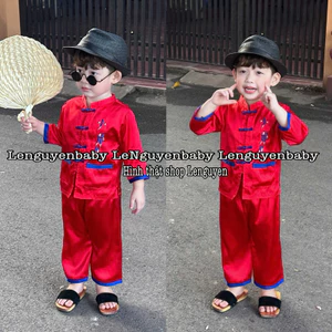 Bộ quần áo bà ba tàu (7-16kg) chất lụa mềm mại, thêu chữ trung hoa sành điệu cho các bé