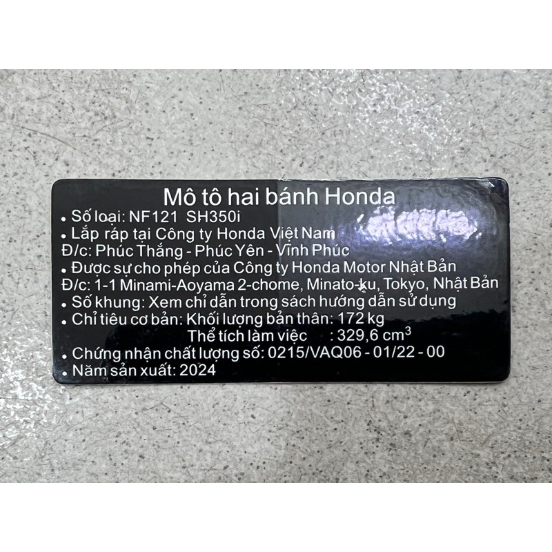 Tem thông số SH 350i Hàng Zin chuẩn hãng( 3,63 )
