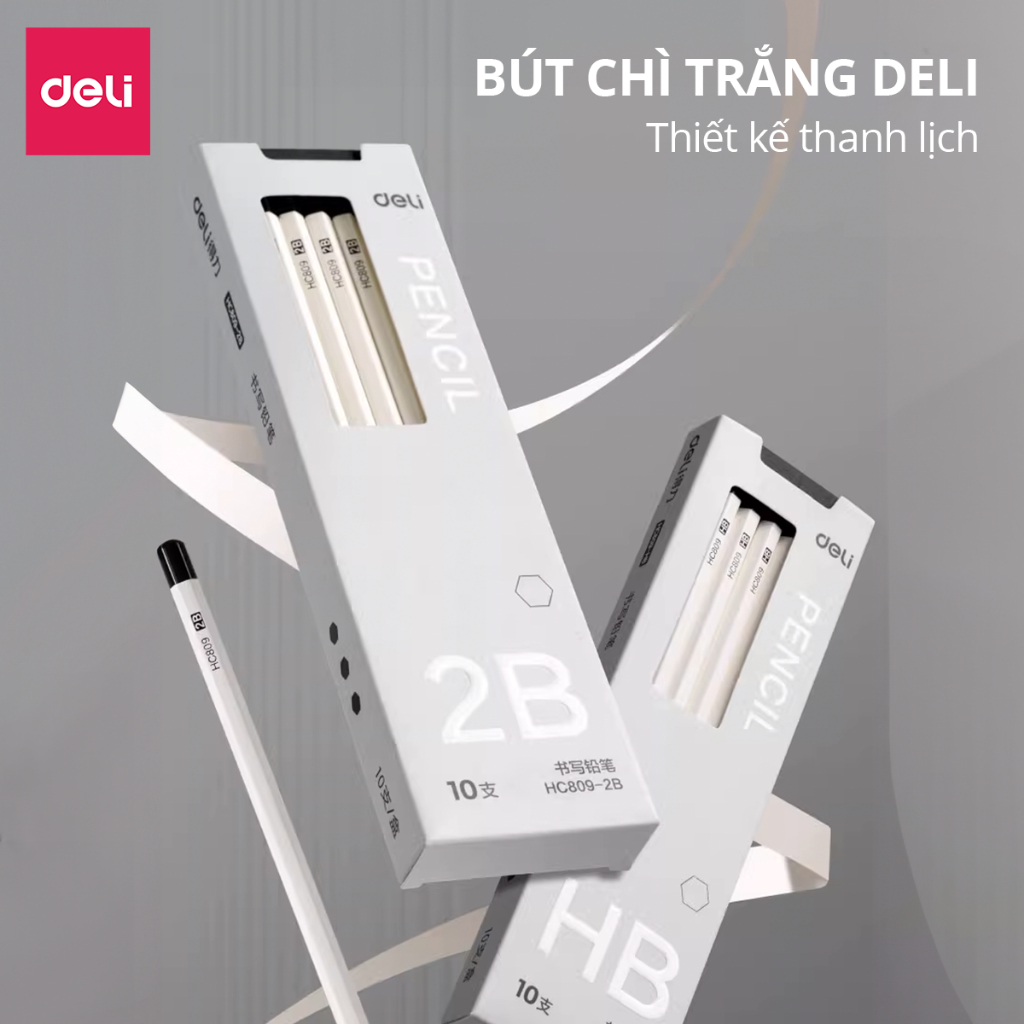 Bút Chì Gỗ 2B HB Cao Cấp Deli Hộp 10 Bút Chì Nét Đậm Nhạy Với Máy Chấm Thi Thiết Kế Basic Phù Hợp Với Học Sinh Sinh Viên