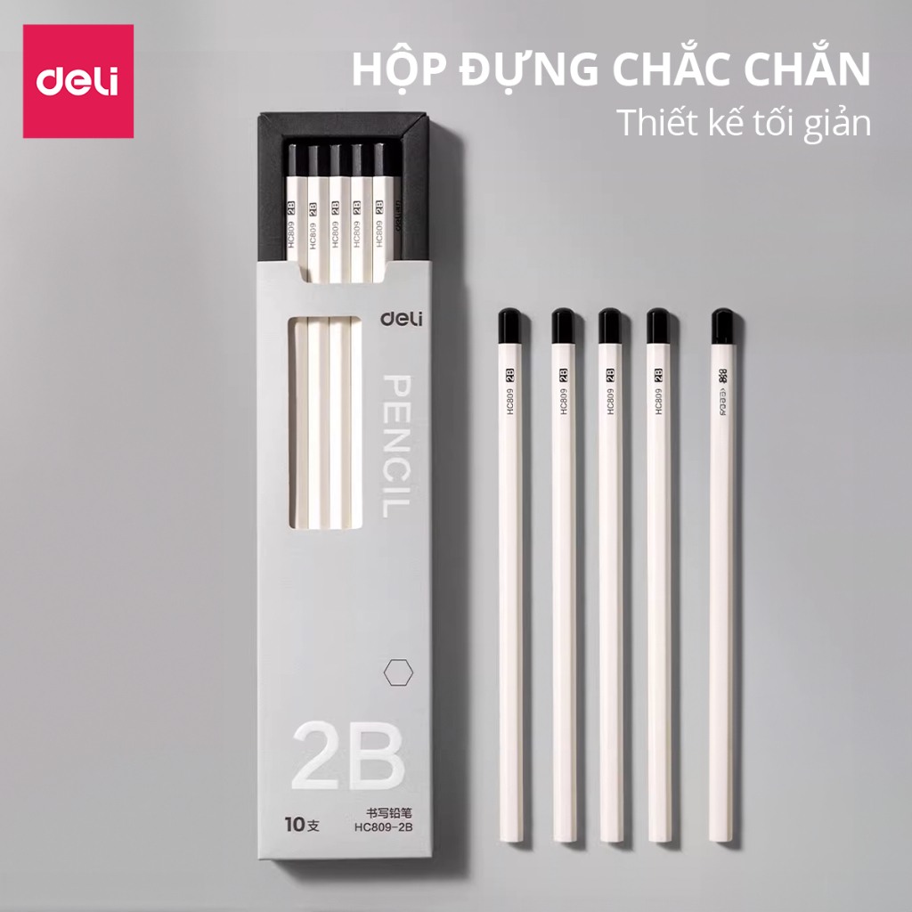 Bút Chì Gỗ 2B HB Cao Cấp Deli Hộp 10 Bút Chì Nét Đậm Nhạy Với Máy Chấm Thi Thiết Kế Basic Phù Hợp Với Học Sinh Sinh Viên