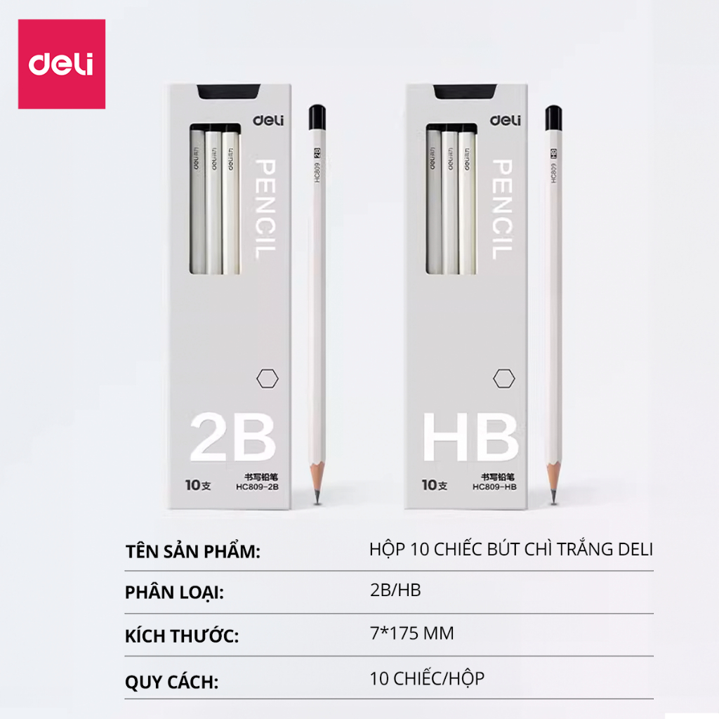Bút Chì Gỗ 2B HB Cao Cấp Deli Hộp 10 Bút Chì Nét Đậm Nhạy Với Máy Chấm Thi Thiết Kế Basic Phù Hợp Với Học Sinh Sinh Viên