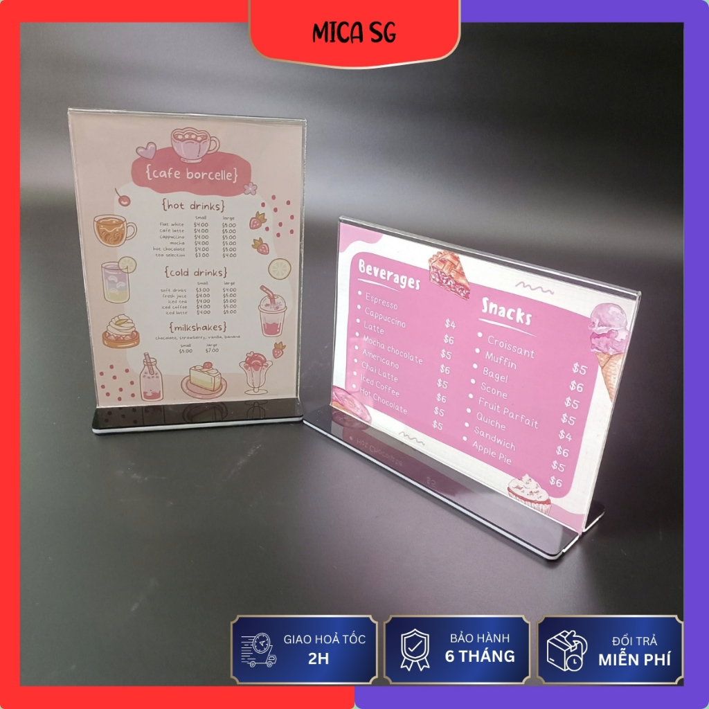 Menu tencard để bàn, Menu Mica chữ T uốn liền thân trong suốt A4, A5 ...
