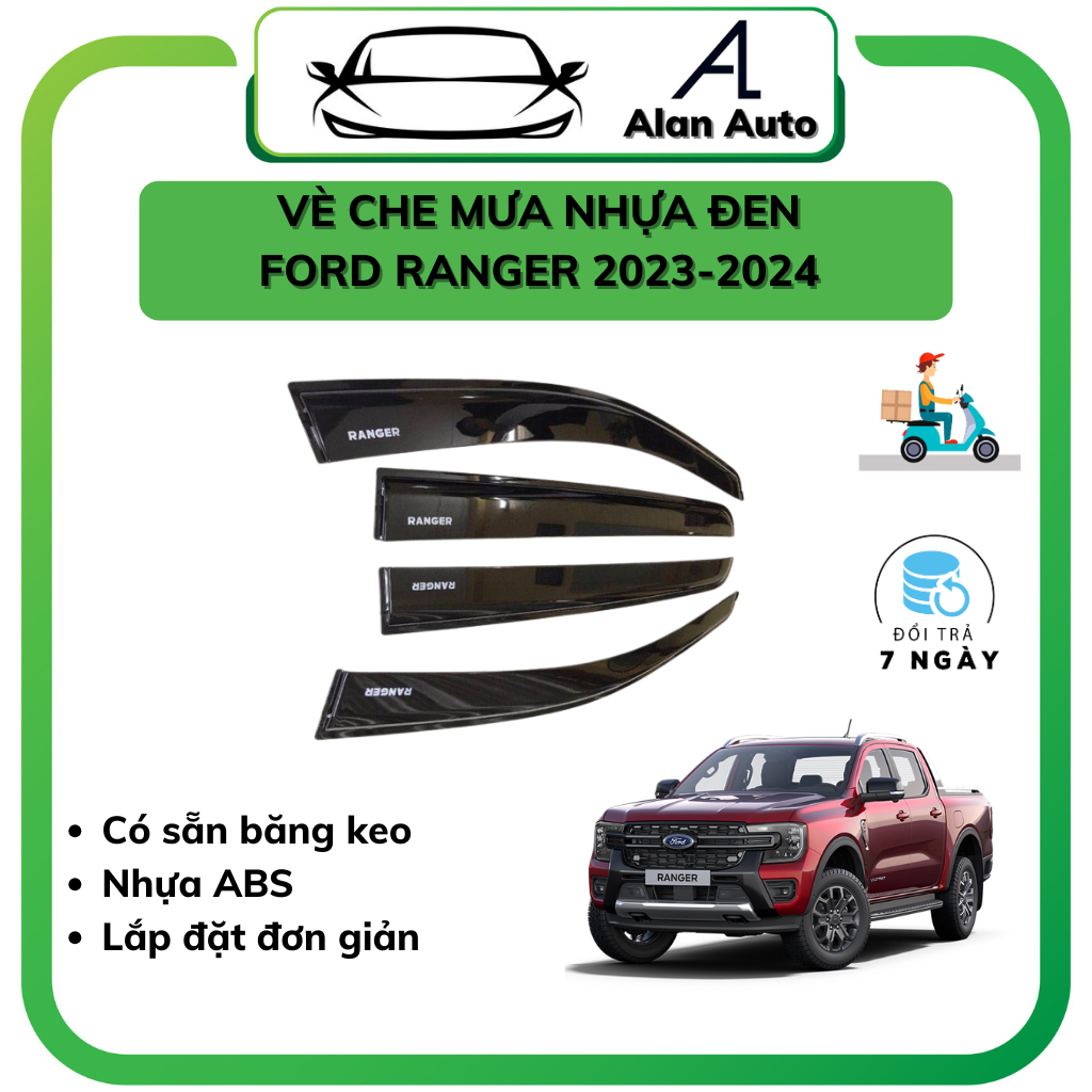 Bộ vè che mưa xe Ford Ranger 2022-2025 - Vè mưa đen Thái Lan nhựa ABS hàng cao cấp