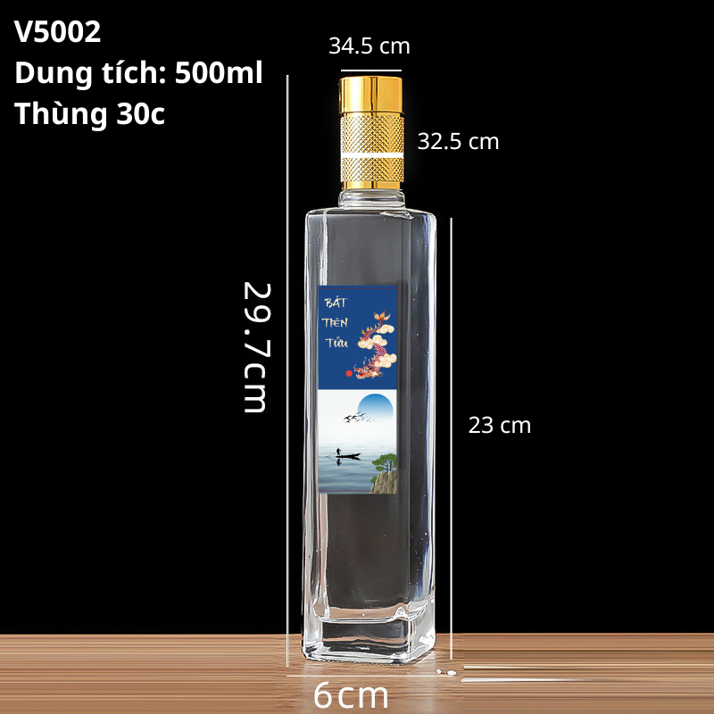 Chai Thủy Tinh 500ml Nắp Vàng Cao Cấp – Vỏ Chai Thân Vuông Sang Trọng