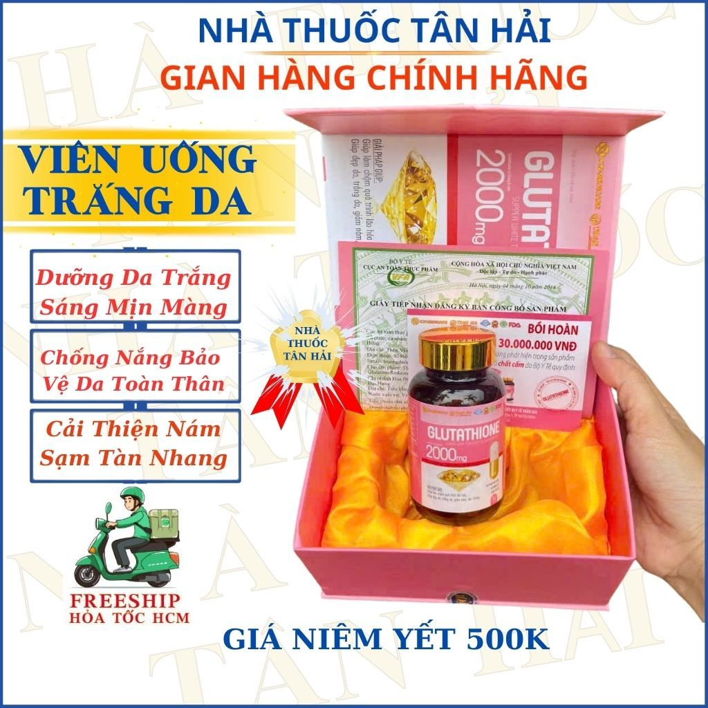 viên uống trắng da glutathione 2000mg Viên uống trắng da GLUTATHIONE 2000mg giúp làm đẹp da, hỗ trợ mờ nám, sạm,  tàn nhang, hộp 30 viên
