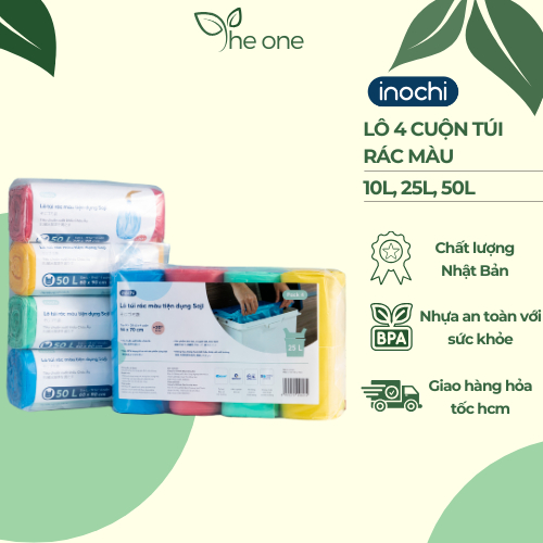 Lô 4 cuộn túi rác màu tự huỷ sinh học Inochi, có quai tiện dụng, túi ...