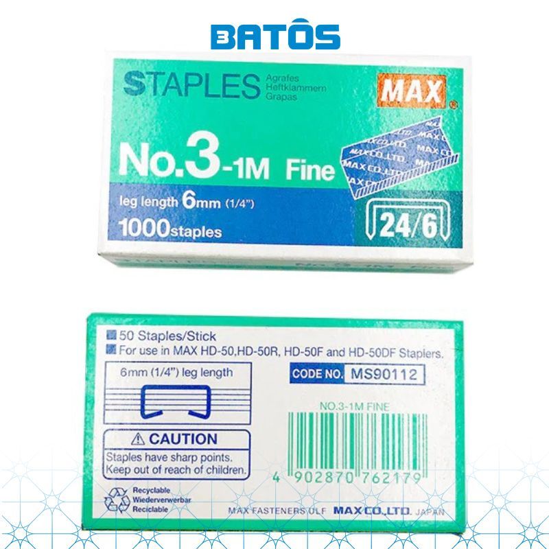 [20 hộp kim 24/6]Đinh ghim MAX No.3-1M - Kim bấm số 3 nhập khẩu.