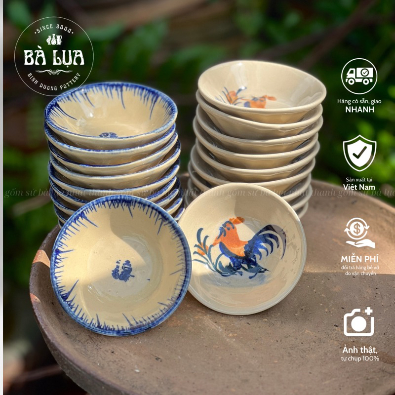 [Set 10 cái] Chén chấm tép, chén bánh bèo, trứng nướng vẽ thủ công gà/phết/chỉ/bông hàng thường, gốm xưa