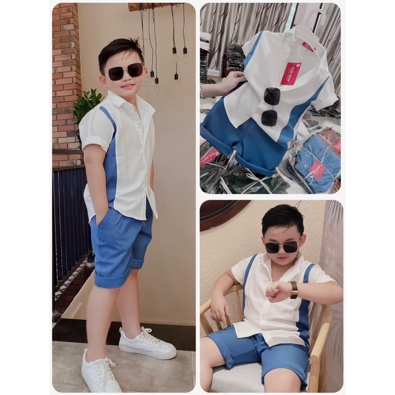 set sơmi công tử trắng phối xanh đẹp cho bé trai 10-52kgTONIBRAND