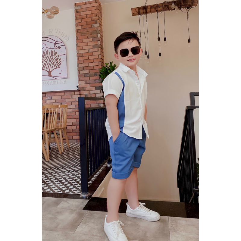 set sơmi công tử trắng phối xanh đẹp cho bé trai 10-52kgTONIBRAND