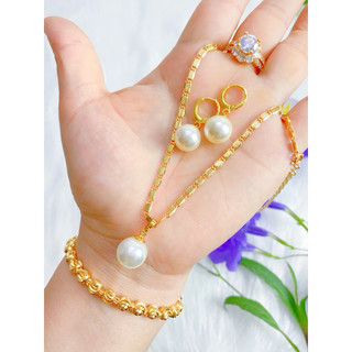 Dây chuyền combo4 món mạ vàng 18k, nhẫn, hoa tai, lắc tay Bộ trang sức - Dây chuyền kết hợp với các mẫu mặt ngọc trai.