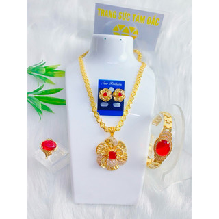Set Dây Chuyền Nữ Kèm Bông Tai Trọn Bộ Dây Dẹt Hoa Thị To Kèm Mặt Hoa Mai Đính Đá Sang Trọng - Trangsucnhatam