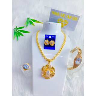 Set Dây Chuyền Nữ Kèm Bông Tai Trọn Bộ Dây Dẹt Hoa Thị To Kèm Mặt Hoa Mai Đính Đá Sang Trọng - Trangsucnhatam