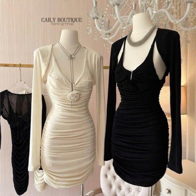 “Suzy Set” Set đầm 2S cup ngực thiết kế nhún eo ôm body đính hoa điệu đà kèm áo khoác choàng dài tay | MIU.STUDIO