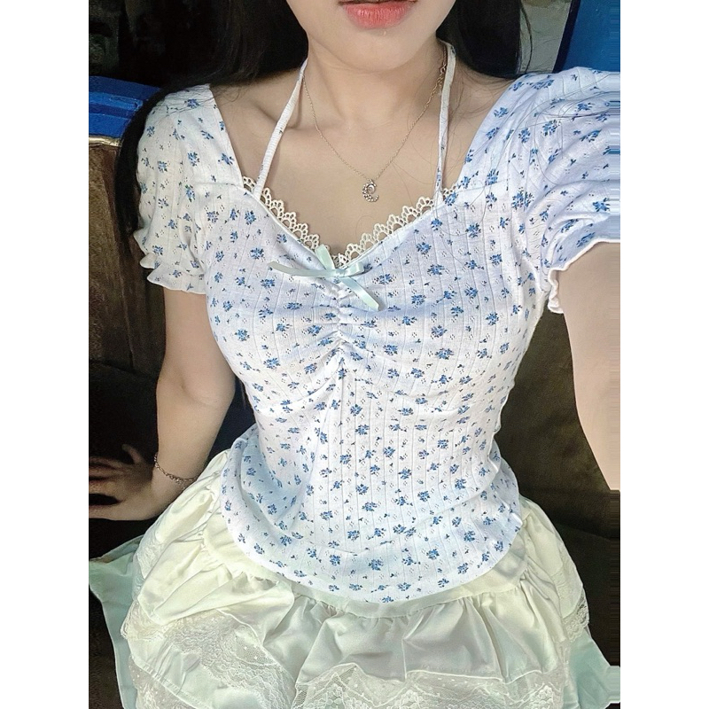 Áo kiểu hoa nhí baby nhún ren cột dây coquette - Stella Top | Shopee ...
