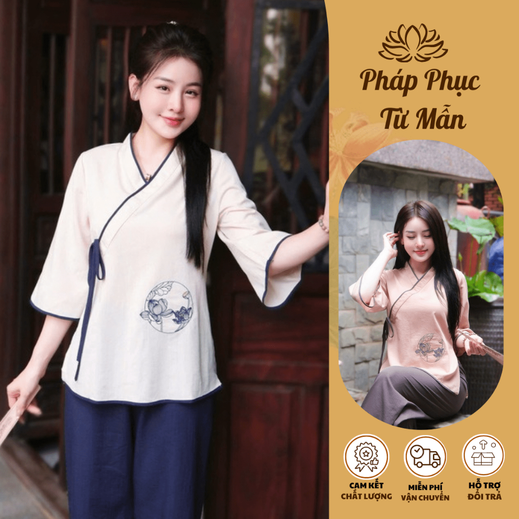 Đồ bộ đi chùa vạt chéo thêu sen vải đũi xước Pháp phục đi lễ cổ V tay lỡ Bộ đồ lam truyền thống đũi mềm mát Sang trọng