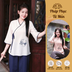 Đồ bộ đi chùa vạt chéo thêu sen vải đũi xước Pháp phục đi lễ cổ V tay lỡ Bộ đồ lam truyền thống đũi mềm mát Sang trọng