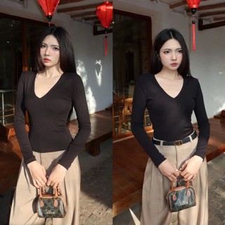 Áo Thun Trơn Nữ Cổ V Tay Dài Basic Dáng Dài Ôm Body, Áo Thun Nữ Tay Dài Form Ôm Sexy TD08 RYSO