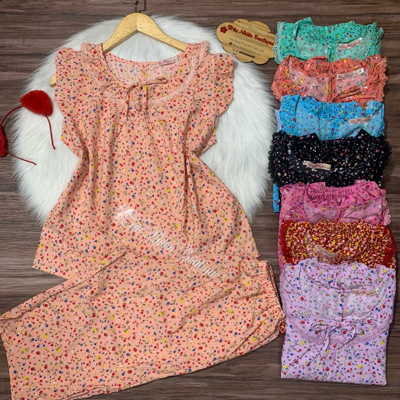 (Size 40-75kg) Bộ lụa cổ tròn bèo phối ren quần lửng có túi mặc nhà -B96