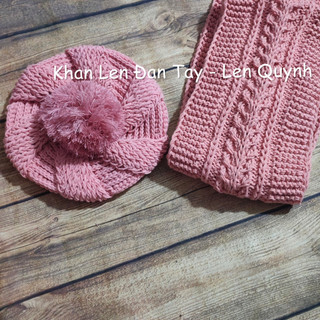 Bộ khăn mũ len đan móc tay - màu hồng pastel - chất len milk cotton - quà tặng ý nghĩa