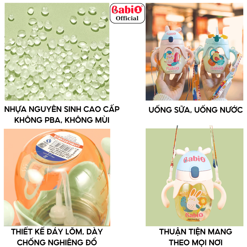 Bình Nước Babi1 Tập Hút, Tập Uống Có Dây Đeo, Tay Cầm & Ống Hút Chống Sặc An Toàn Cho Bé 350ml