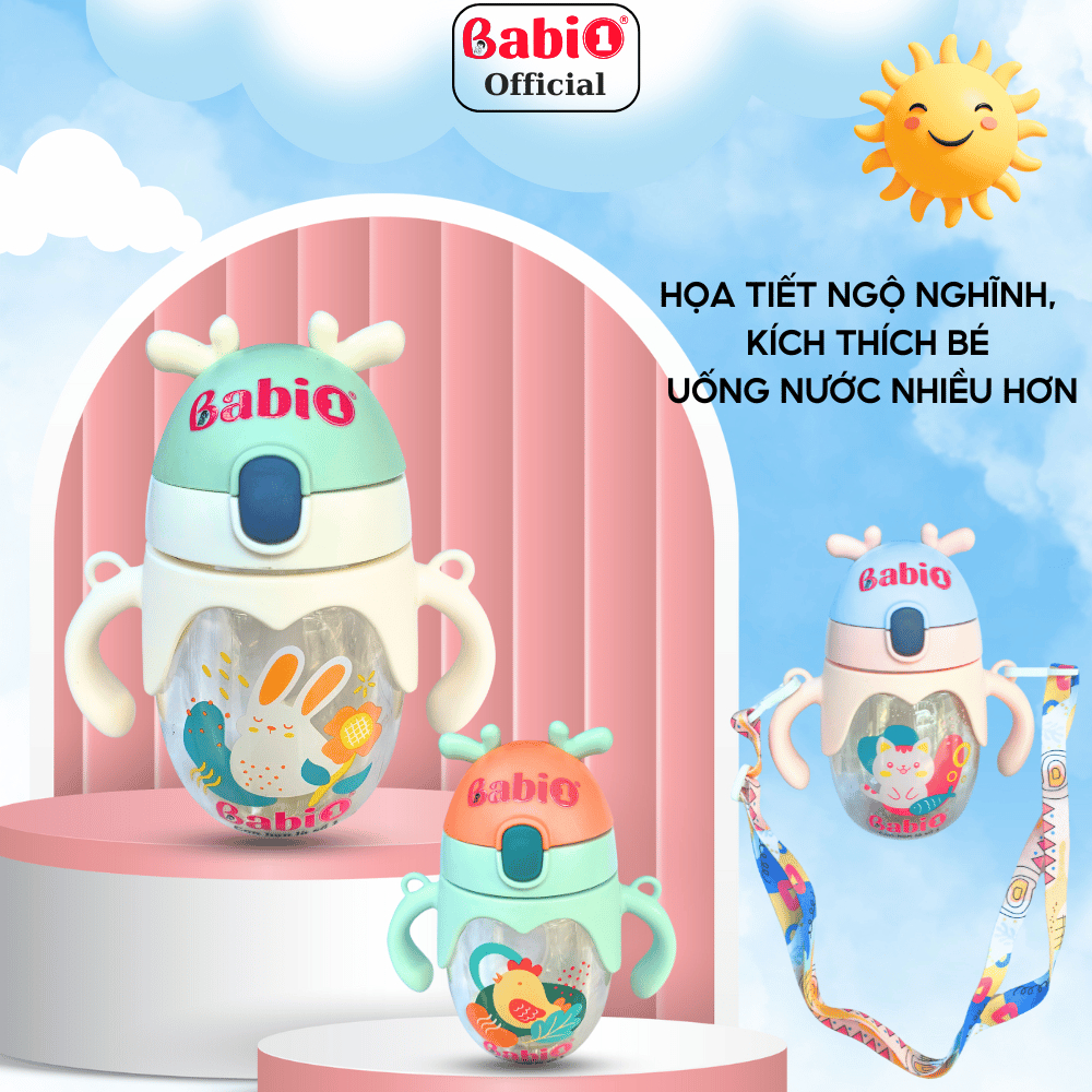Bình Nước Babi1 Tập Hút, Tập Uống Có Dây Đeo, Tay Cầm & Ống Hút Chống Sặc An Toàn Cho Bé 350ml