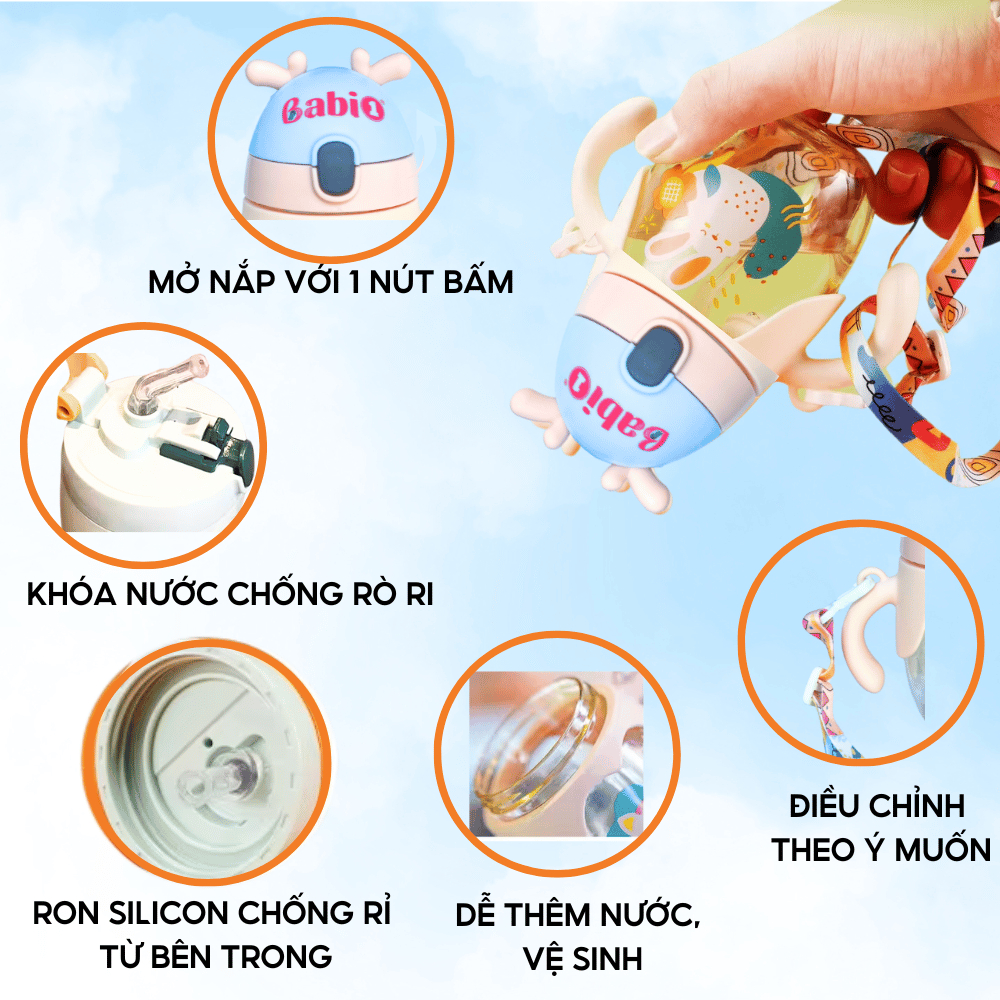 Bình Nước Babi1 Tập Hút, Tập Uống Có Dây Đeo, Tay Cầm & Ống Hút Chống Sặc An Toàn Cho Bé 350ml