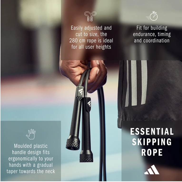 Dây Nhảy Chính Hãng ADIDAS ADRP-13011 Essential Skipping Rope - Tay Cầm Nhỏ, Có Thể Chỉnh Độ Dài Dây