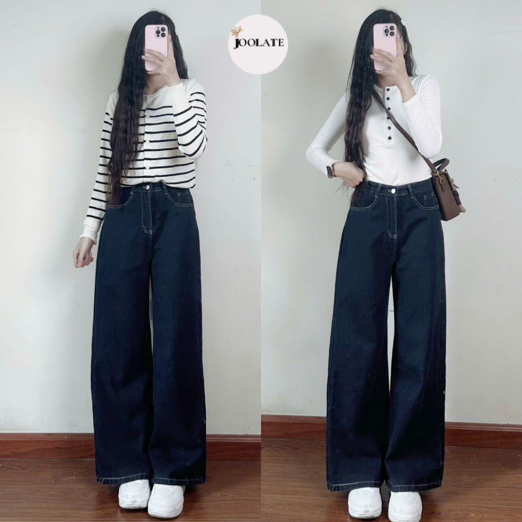 Quần Jeans Mềm Ống Rộng Màu Xanh Đậm Viền Chỉ Nổi Cạp cao Joolate