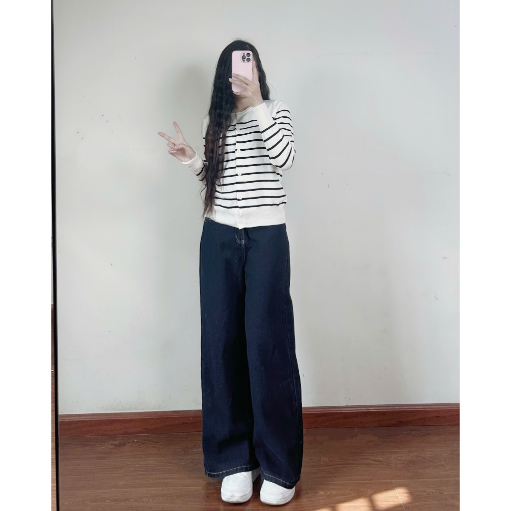 Quần Jeans Mềm Ống Rộng Màu Xanh Đậm Viền Chỉ Nổi Cạp cao Joolate