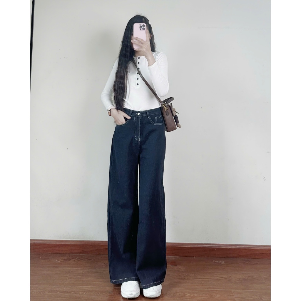 Quần Jeans Mềm Ống Rộng Màu Xanh Đậm Viền Chỉ Nổi Cạp cao Joolate