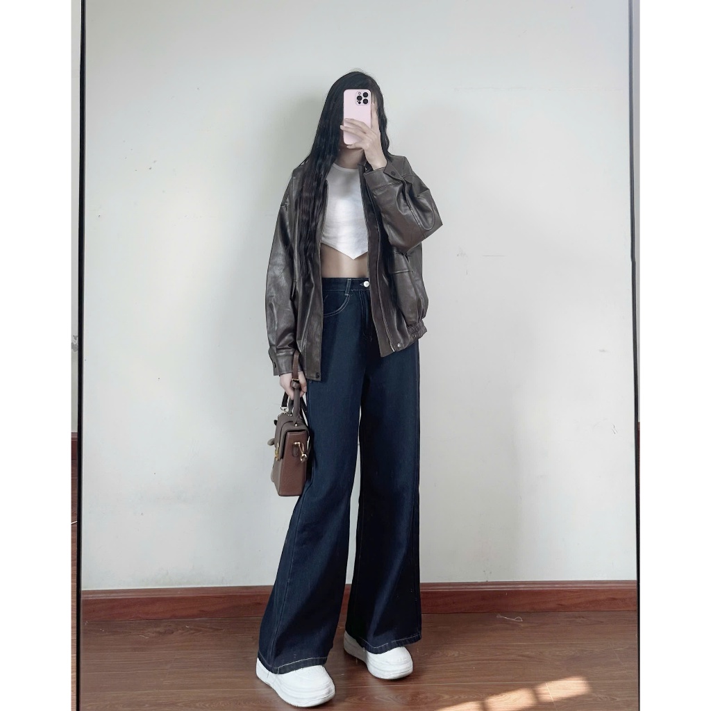 Quần Jeans Mềm Ống Rộng Màu Xanh Đậm Viền Chỉ Nổi Cạp cao Joolate