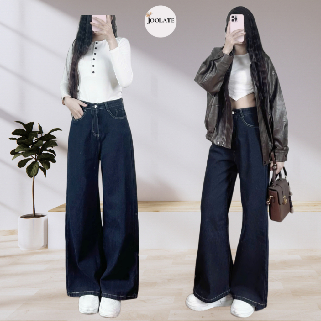 Quần Jeans Mềm Ống Rộng Joolate Xanh Đậm Viền Chỉ Nổi phong cách basic