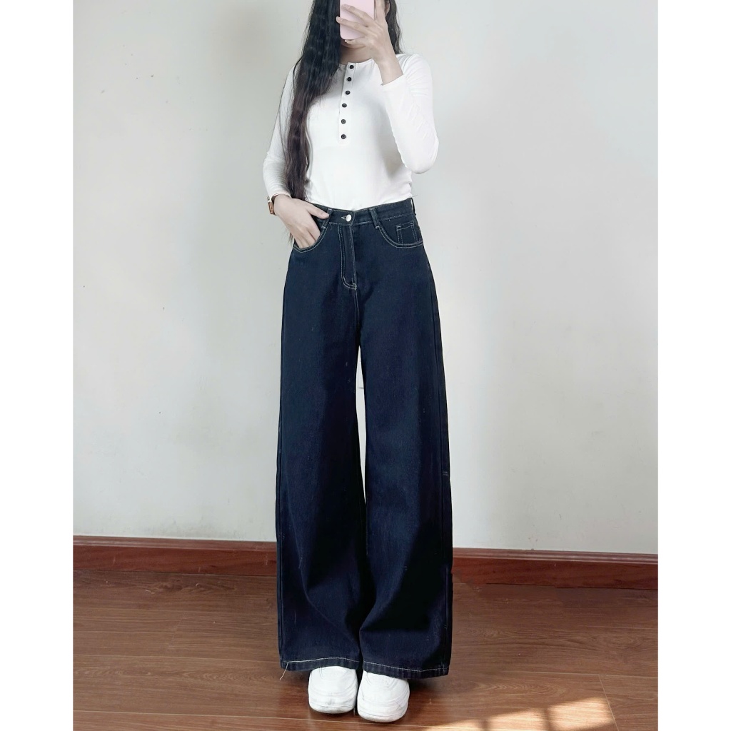 Quần Jeans Mềm Ống Rộng Joolate Xanh Đậm Viền Chỉ Nổi phong cách basic