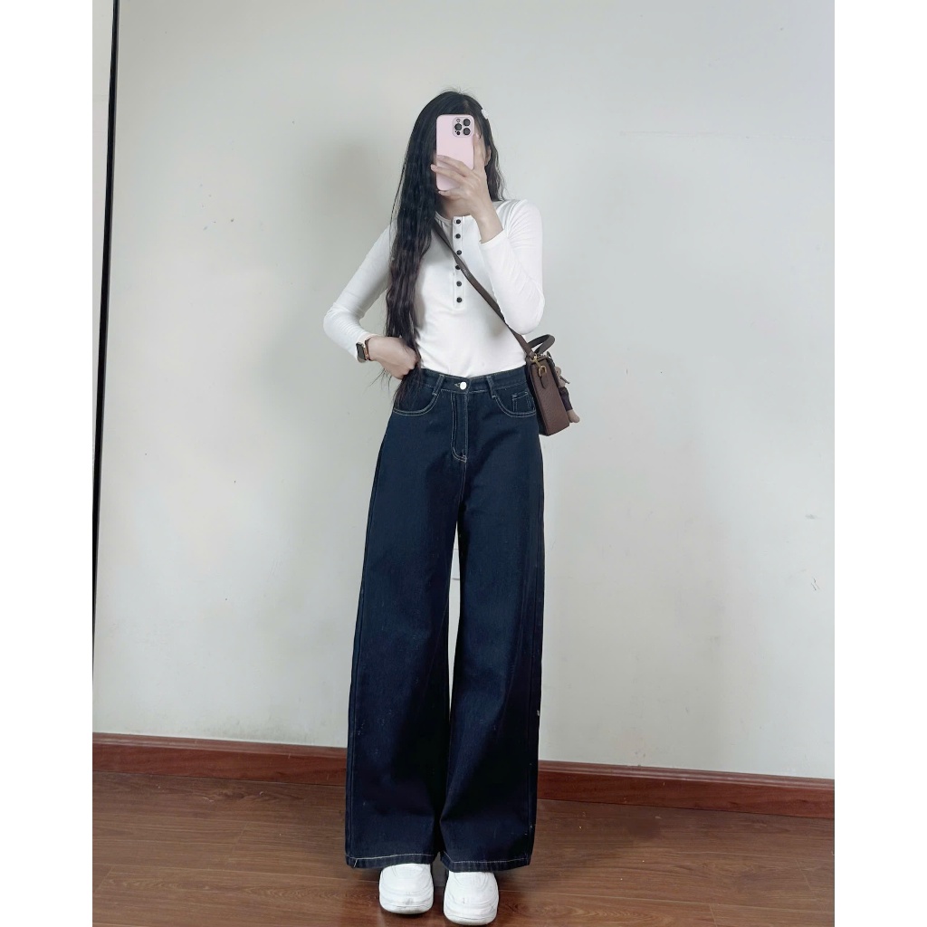 Quần Jeans Mềm Ống Rộng Joolate Xanh Đậm Viền Chỉ Nổi phong cách basic