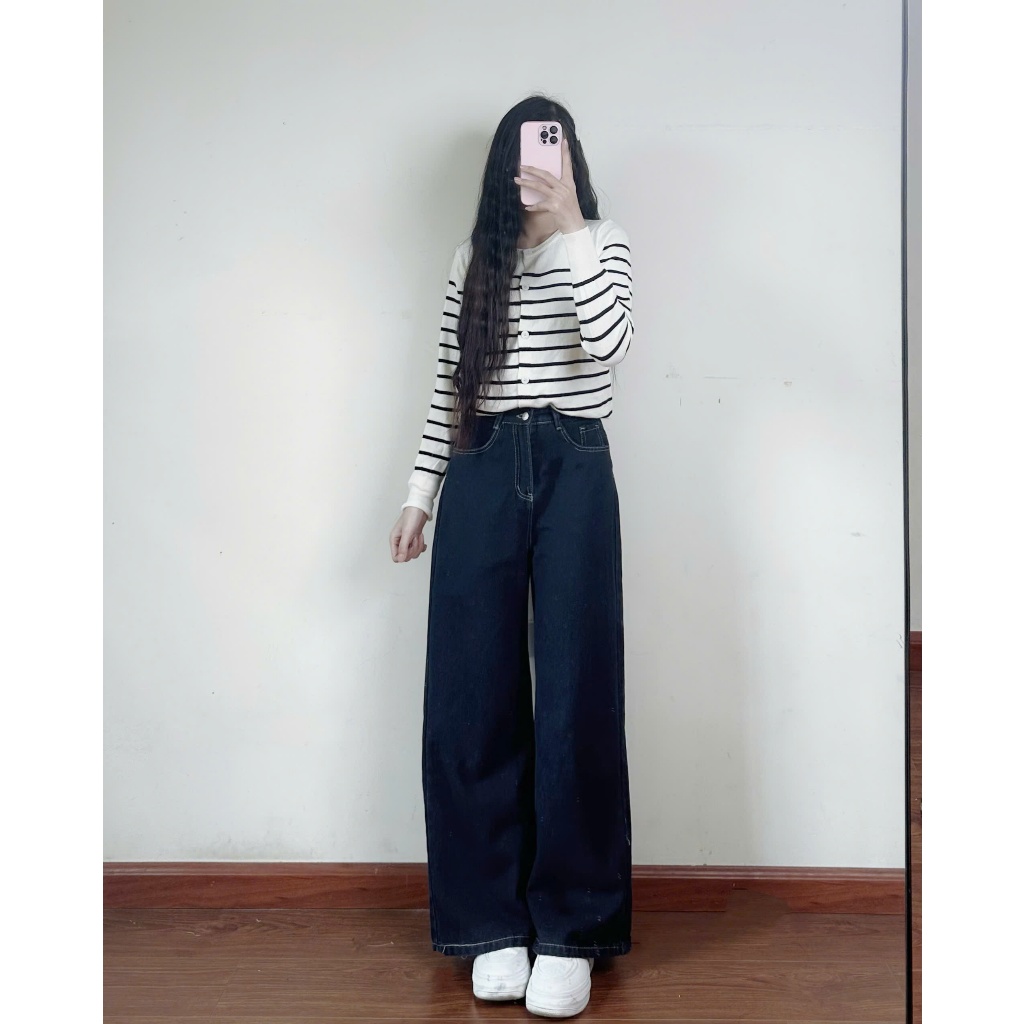 Quần Jeans Mềm Ống Rộng Joolate Xanh Đậm Viền Chỉ Nổi phong cách basic