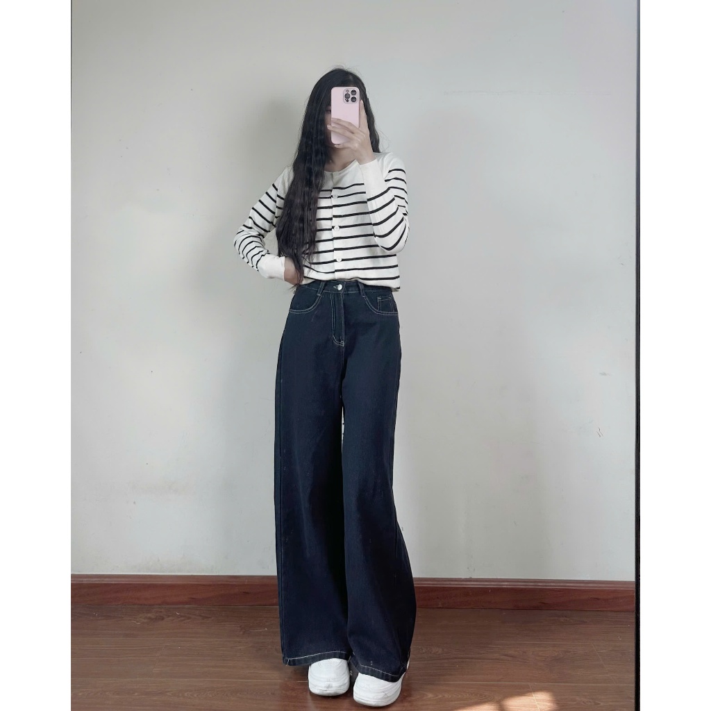 Quần Jeans Mềm Ống Rộng Joolate Xanh Đậm Viền Chỉ Nổi phong cách basic
