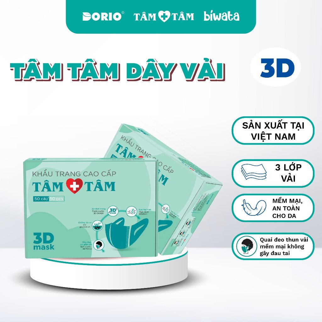 Hộp 50 cái khẩu trang thời trang 3D TÂM TÂM 3 lớp bảo vệ, quai đeo mềm mại, ngăn bụi