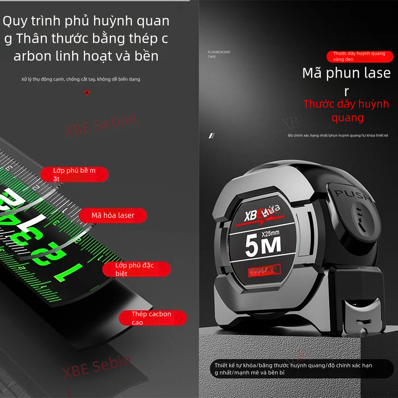 Thước dây huỳnh quang công nghệ đen thước dây nhập khẩu 5/10 mét, mở rộng và dày lên chống mài mòn đo chính xác