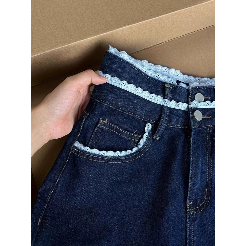 [SẴN 2XL]quần jean xanh đậm viền ren trắng kèm hình ảnh cận chất