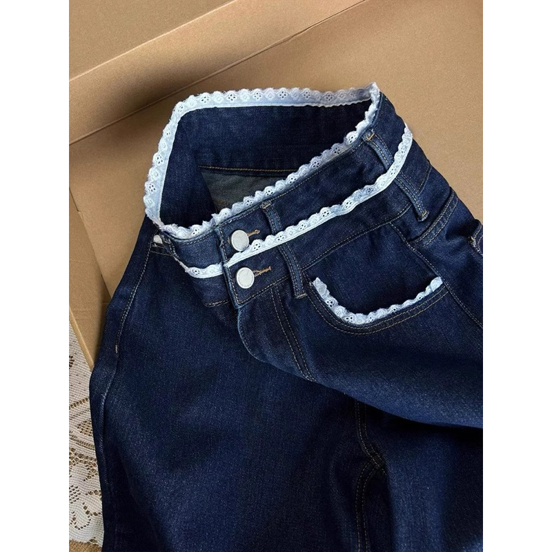 [SẴN 2XL]quần jean xanh đậm viền ren trắng kèm hình ảnh cận chất