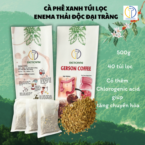 Cà phê DETOVN Nguyên chất Rang mộc, Cà phê Túi lọc Thải độc Đại tràng Gerson Enema (500g, 40 túi)