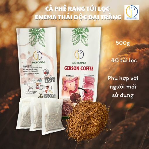 Cà phê DETOVN Nguyên chất Rang mộc, Cà phê Túi lọc Thải độc Đại tràng Gerson Enema (500g, 40 túi)