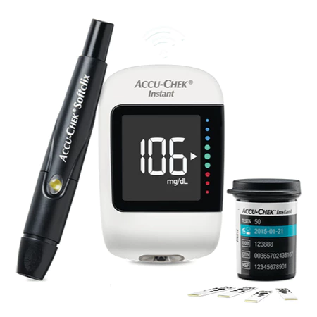 Bộ máy đo đường huyết Accu-chek Instant, Kết nối bluetooth, dải màu sắc chỉ thị khoảng đường huyết